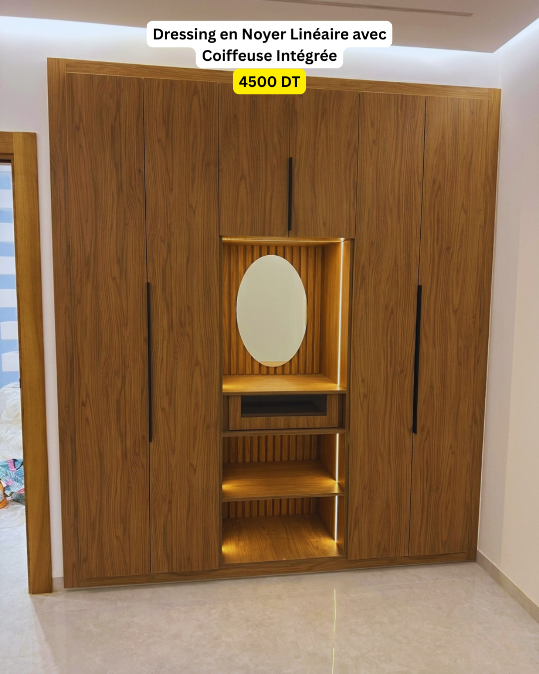 Dressing en Noyer Linéaire avec Coiffeuse Intégrée